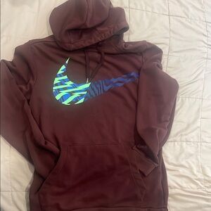 Nike Brown Dri-Fit Hoodie with Blue and Green Logo